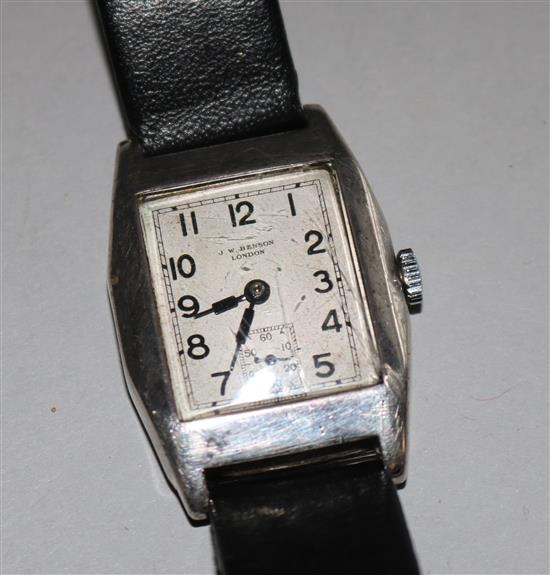 A gentlemans 1930s silver J. W. Benson manual wind wrist watch.